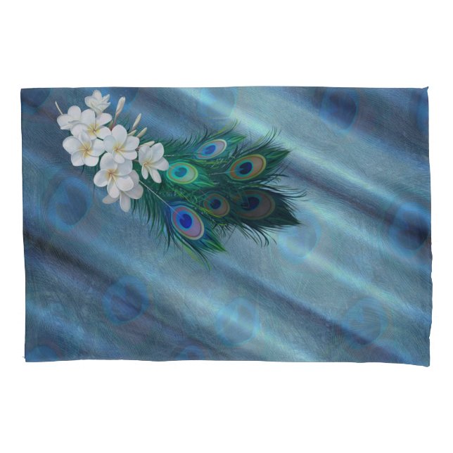 Metallic Blue-green Peacocks on Emerald Green Silk Pillowcase (Front)