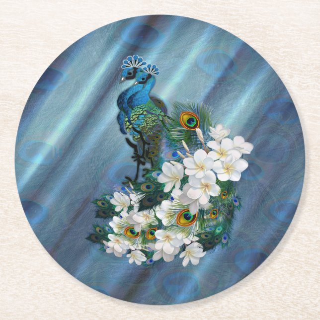 Metallic Blue-green Peacocks on Emerald Green Silk Round Paper Coaster (Front)