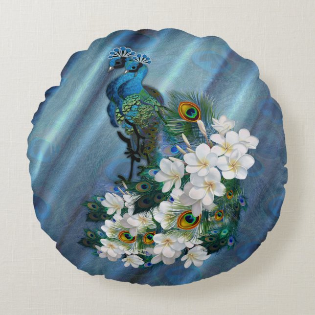 Metallic Blue-green Peacocks on Emerald Green Silk Round Pillow (Front)