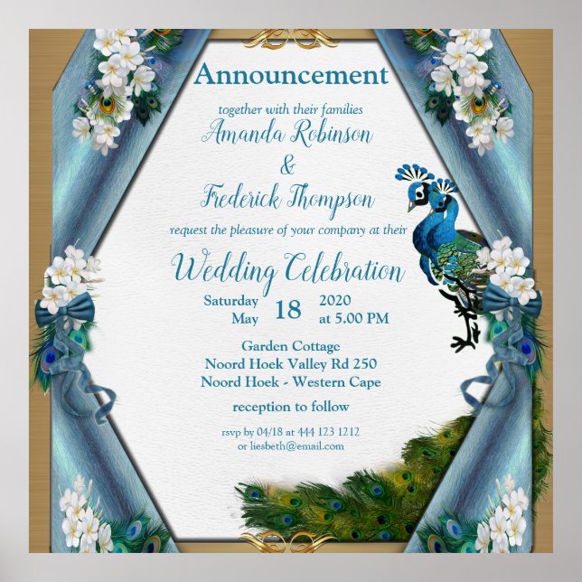 Metallic Blue-green silk- Gold Peacocks Feathers Poster (Front)