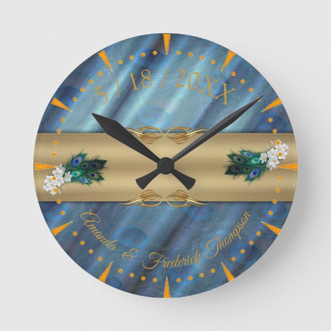 Metallic Blue-green silk- Gold Peacocks Feathers Round Clock (Front)
