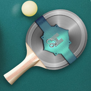 Metallic Blue Green Steel trompe l’œil  Monogram   Ping Pong Paddle
