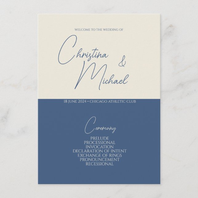 Metallic Blue • Handwritten Script Wedding Program (Front)