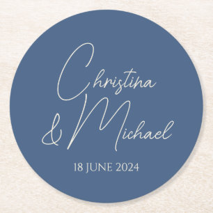Metallic Blue • Modern Handwritten Script Round Paper Coaster