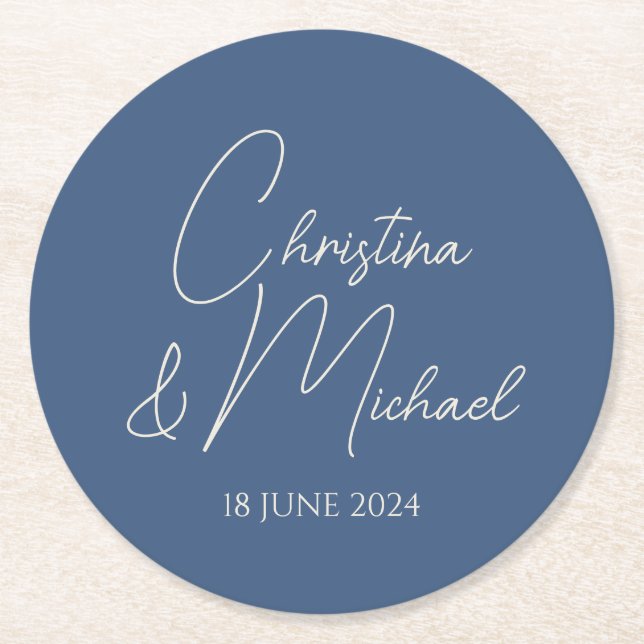 Metallic Blue • Modern Handwritten Script Round Paper Coaster (Front)