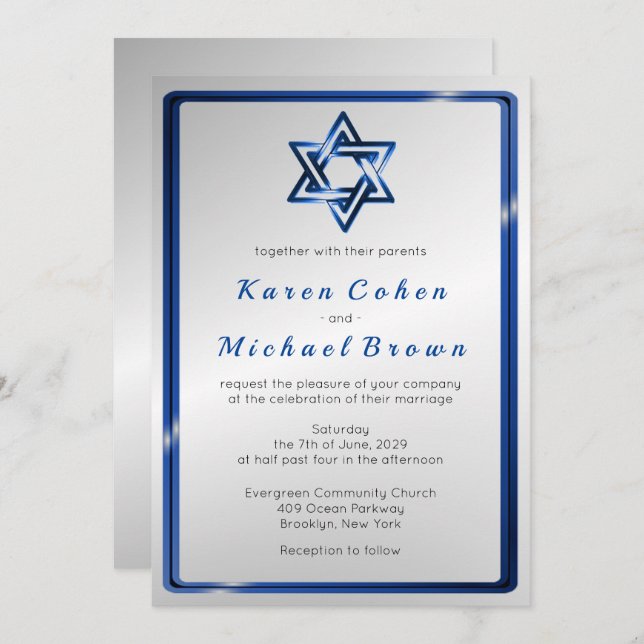 Metallic Blue Star of David Jewish Wedding Invitation (Front/Back)