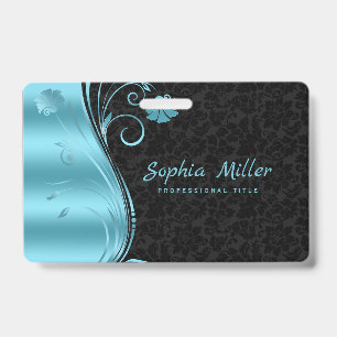 Metallic Blue Swirl Black Damask Badge