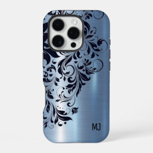 Metallic Blue Texture Blue Swirl Accent Monogram iPhone 16 Pro Case