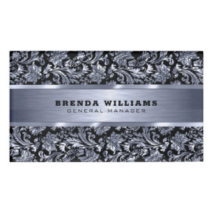 Metallic blue tint damasks and brushed aluminum name tag