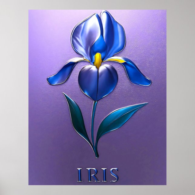 Metallic brilliant blue iris bloom with text poster (Front)