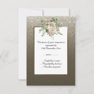 METALLIC BRONZE GLITTER WHITE FLORAL CUSTOM RSVP CARD