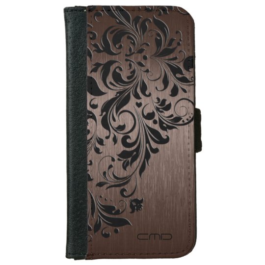 Metallic Brown Brushed Steel Look & Black Lace iPhone 6 Wallet Case
