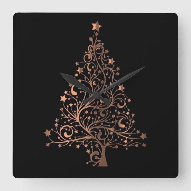 Metallic Brown Copper Stars Christmas Tree Elegant Square Wall Clock (Front)