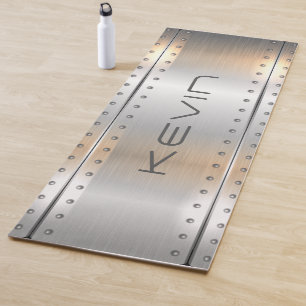Metallic brushed aluminum geometric design yoga mat