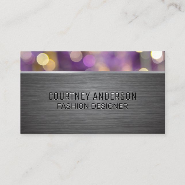 Metallic Brushed | Purple Bokeh Lights Business Card (Front)