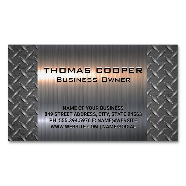 Metallic Brushed Shine | Diamond Plated Pattern Magnetic Business Card (Front)