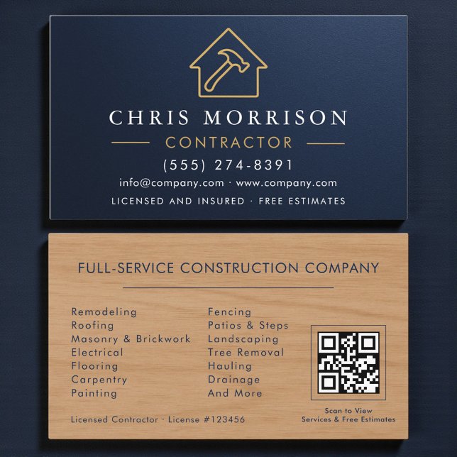 Metallic Building Construction Navy Blue QR Code Business Card (Creator Uploaded)