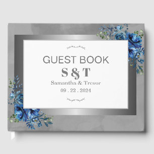 Metallic Celestial Blue Blossoms Wedding  Guest Book