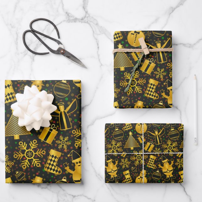 Metallic Christmas Collage Wrapping Paper Sheet (Front)