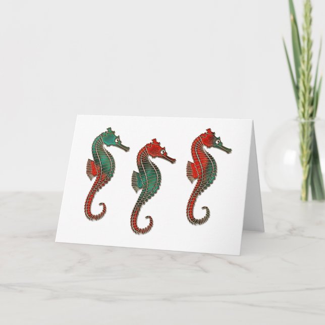 Metallic Christmas Seahorse Trio Holiday Card (Front)
