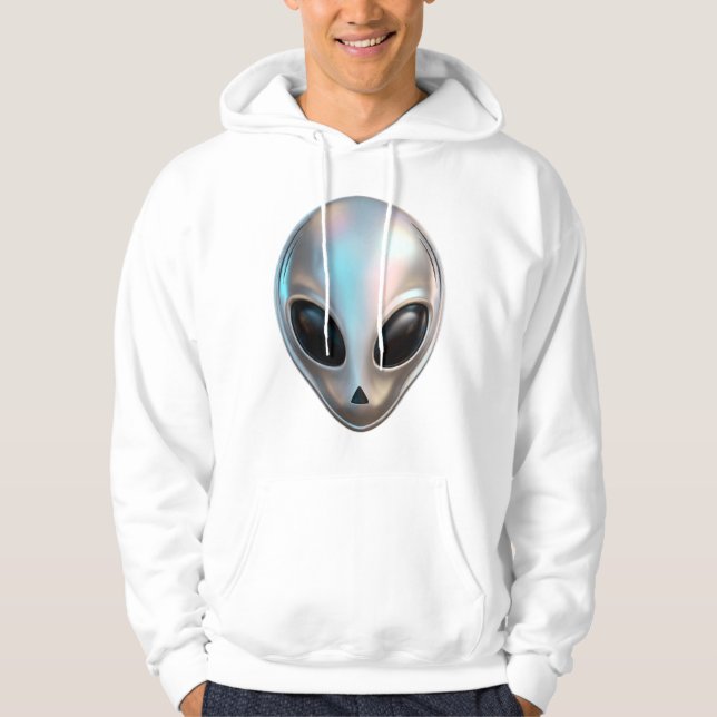 Metallic Chrome Alien Head Retro Y2K Sci-Fi Hoodie (Front)