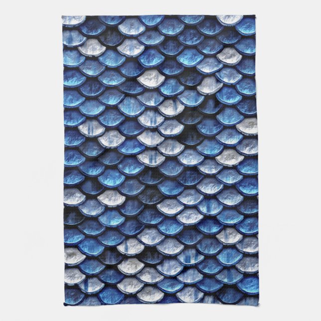 Metallic Cobalt Blue Fish Scales Pattern Kitchen Towel (Vertical)