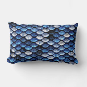 Metallic Cobalt Blue Fish Scales Pattern Lumbar Pillow