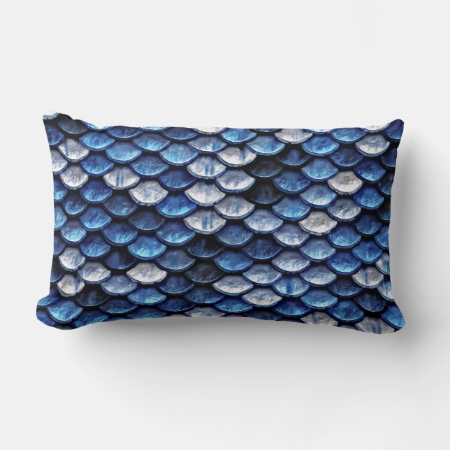 Metallic Cobalt Blue Fish Scales Pattern Lumbar Pillow (Front)