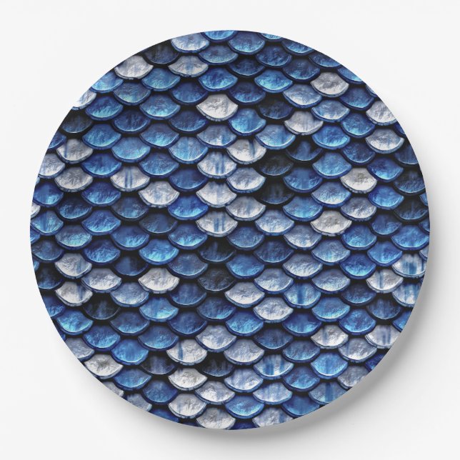 Metallic Cobalt Blue Fish Scales Pattern Paper Plate (Front)