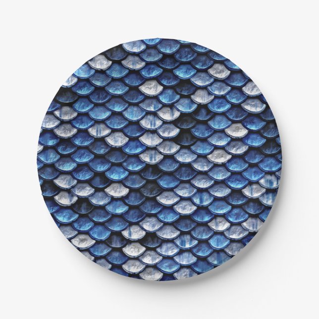 Metallic Cobalt Blue Fish Scales Pattern Paper Plate (Front)