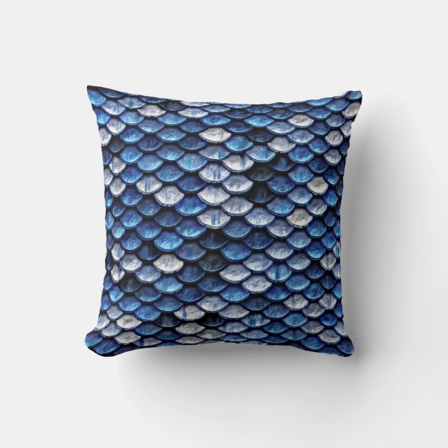 Metallic Cobalt Blue Fish Scales Pattern Throw Pillow (Front)
