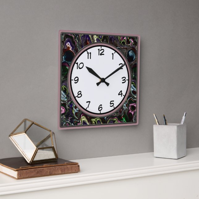 Metallic Colourful Swirls Deco Square Wall Clock (Office)
