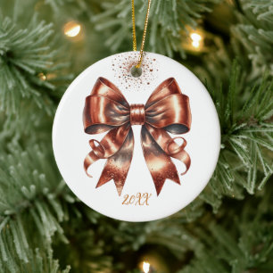 Metallic Copper Holiday Bow Year Highlight Ceramic Ornament