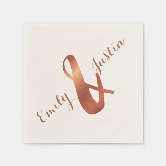 Metallic copper-look ampersand wedding design napkin (Front)