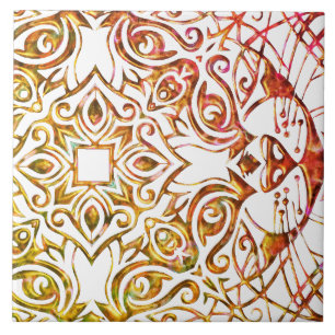 Metallic Copper Look Cat Art Cool Mandala Ceramic  Tile