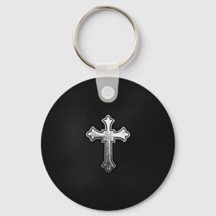 Metallic Crucifix on Black Leather Keychain