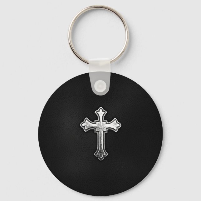 Metallic Crucifix on Black Leather Keychain (Front)