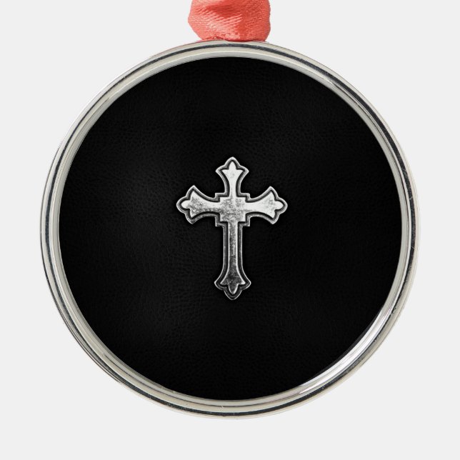 Metallic Crucifix on Black Leather Metal Ornament (Front)