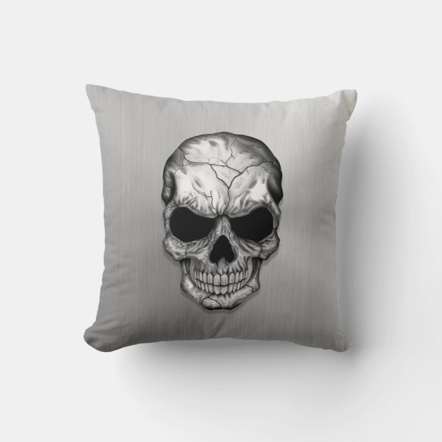 Metallic Crystal Skull on Stainless Steel Effect Throw Pillow (Front)