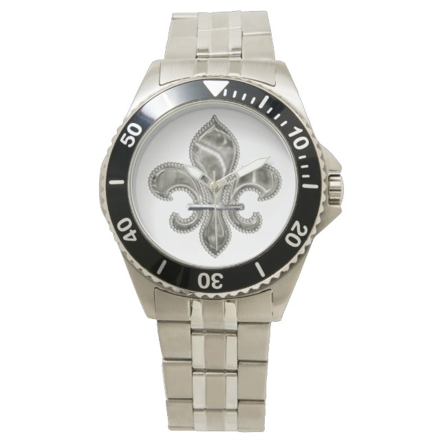 Metallic Effect Silver Fleur de Lis Watch (Front)
