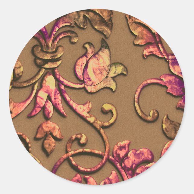 Metallic Embossed Look Damask Autumn Colours Classic Round Sticker (Front)