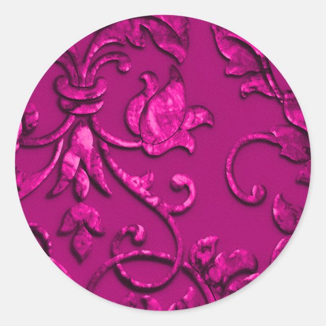Metallic Embossed Look Damask in Magenta Classic Round Sticker (Front)