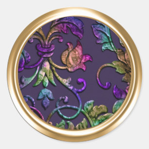 Metallic Embossed Look Damask in Plum Multi Classic Round Sticker