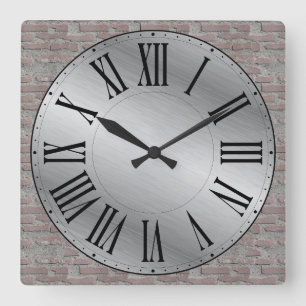 Metallic Face/Brick Wall Background Roman Numeral Square Wall Clock