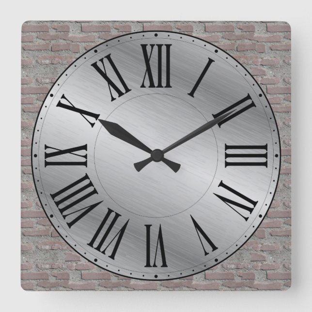 Metallic Face/Brick Wall Background Roman Numeral Square Wall Clock (Front)