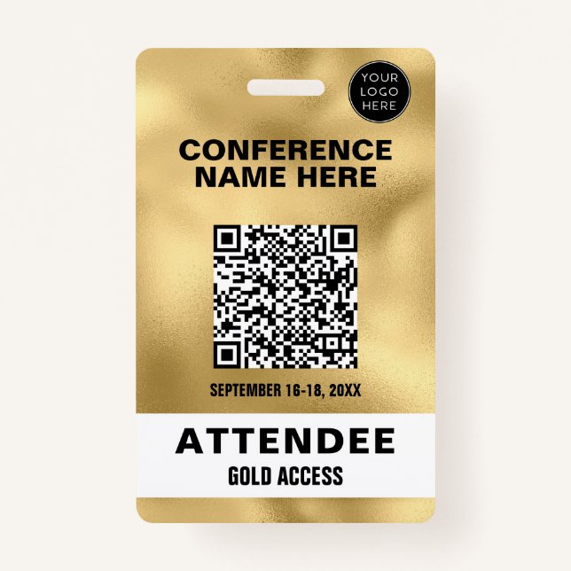 Metallic Faux Gold Foil QR Code Conference Event Badge (Front)
