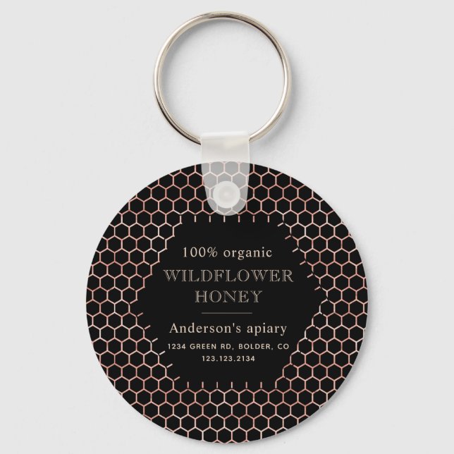 metallic faux rose gold honeycomb monogram apiary keychain (Front)