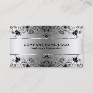 Metallic Faux Silver With Black Lace Business Card