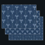 Metallic Filigree Hanukkah Menorah Wrapping Paper Sheet<br><div class="desc">Here we have a lovely wrapping paper sheet set perfect for the holiday season. The first sheet features a metallic filigree menorah and the words Peace, Love, Light inside of a decorative frame on a dark blue background. The second sheet features a metallic filigree menorah on a dark blue background...</div>