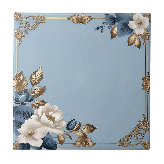 Metallic Floral Blue And Gold Tile (Front)